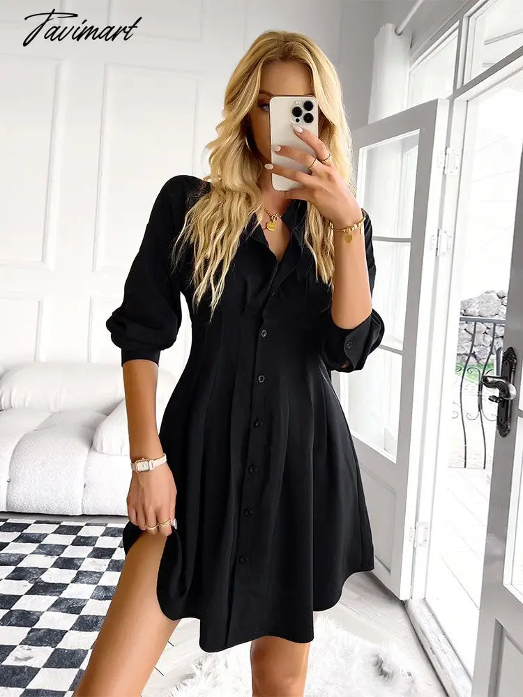 Solid Long Sleeve Mini Shirts Dress For Women Casual V-neck High Waist Single Breasted Ruched Dress Office Lady Autumn Clothing