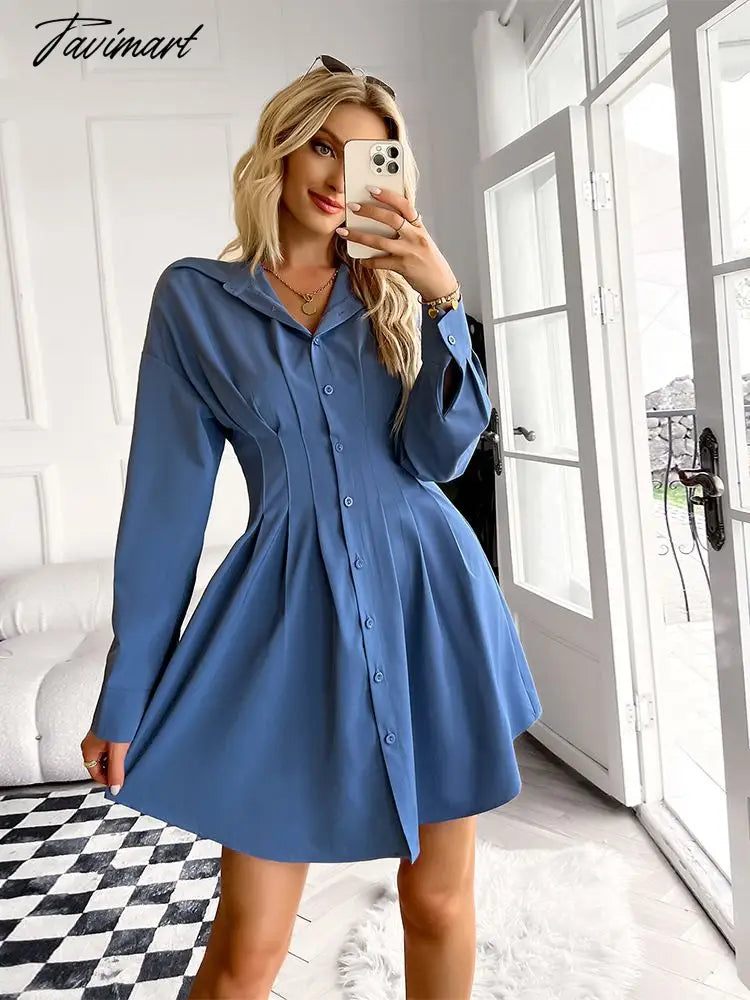 Solid Long Sleeve Mini Shirts Dress For Women Casual V-neck High Waist Single Breasted Ruched Dress Office Lady Autumn Clothing
