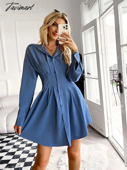 Solid Long Sleeve Mini Shirts Dress For Women Casual V-neck High Waist Single Breasted Ruched Dress Office Lady Autumn Clothing