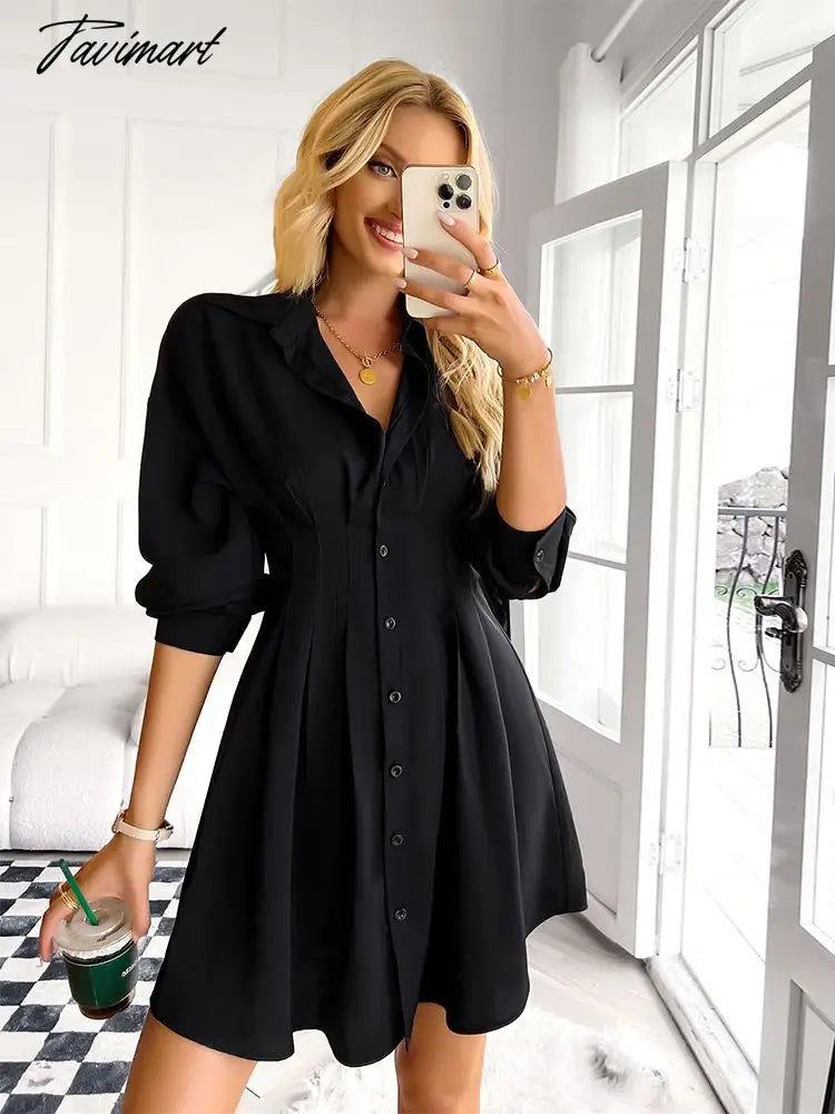 Solid Long Sleeve Mini Shirts Dress For Women Casual V-neck High Waist Single Breasted Ruched Dress Office Lady Autumn Clothing