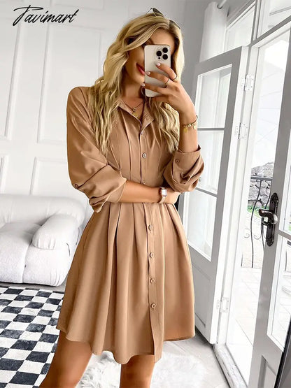 Solid Long Sleeve Mini Shirts Dress For Women Casual V-neck High Waist Single Breasted Ruched Dress Office Lady Autumn Clothing