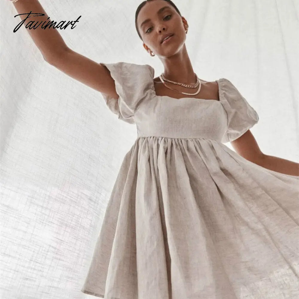 Solid Sexy Mini Dress Puff Sleeve Square Collar A-Line Folds White Fashion Women's Dress Vintage Summer Beach Party Female