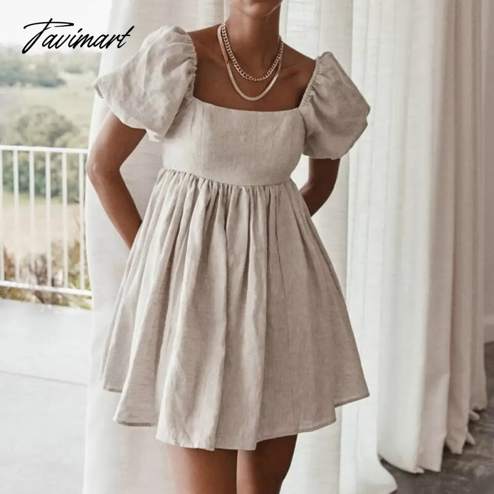 Solid Sexy Mini Dress Puff Sleeve Square Collar A-Line Folds White Fashion Women's Dress Vintage Summer Beach Party Female