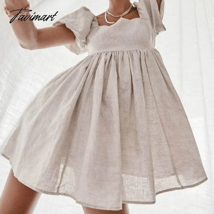 Solid Sexy Mini Dress Puff Sleeve Square Collar A-Line Folds White Fashion Women's Dress Vintage Summer Beach Party Female