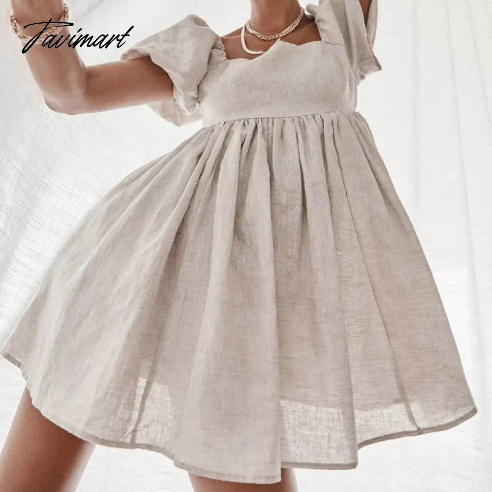 Solid Sexy Mini Dress Puff Sleeve Square Collar A-Line Folds White Fashion Women's Dress Vintage Summer Beach Party Female