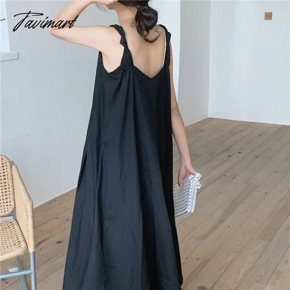 Solid Simple Low V-Neck Summer Dress Women Large Swing Loose Dresses Wide Strap Suspender Women's Long Dress Elegant Party