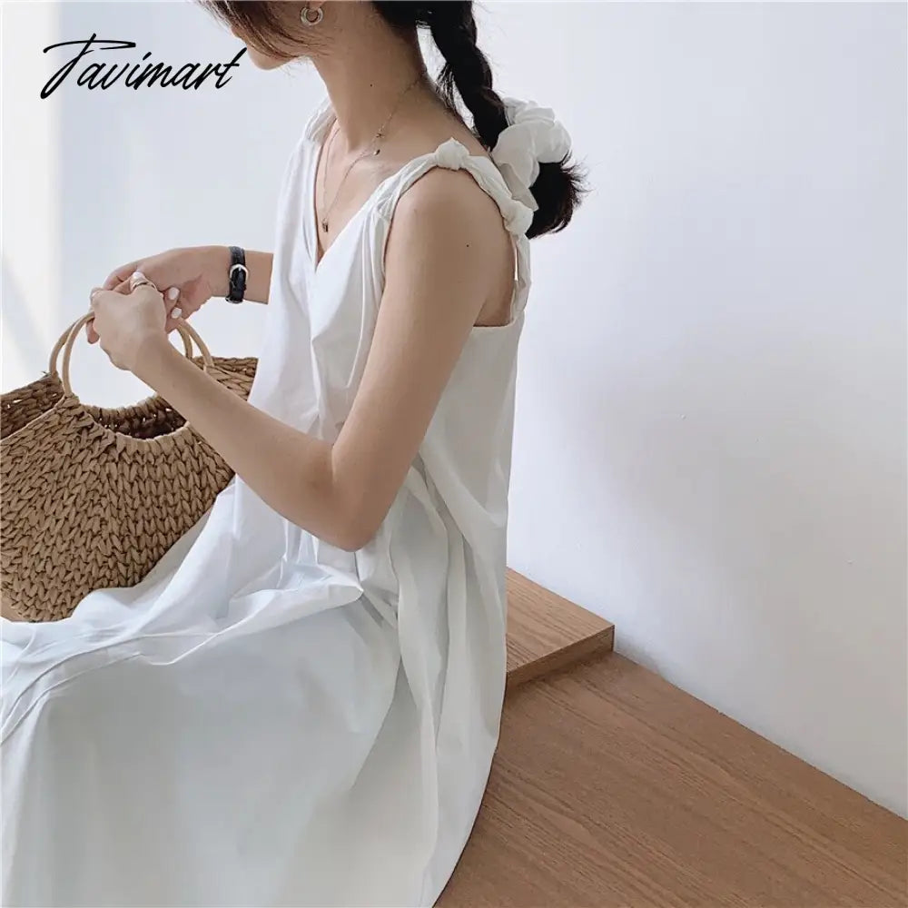 Solid Simple Low V-Neck Summer Dress Women Large Swing Loose Dresses Wide Strap Suspender Women's Long Dress Elegant Party