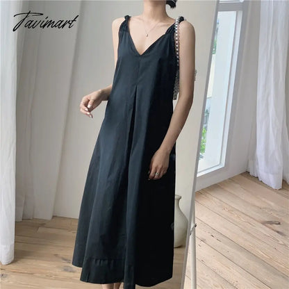 Solid Simple Low V-Neck Summer Dress Women Large Swing Loose Dresses Wide Strap Suspender Women's Long Dress Elegant Party