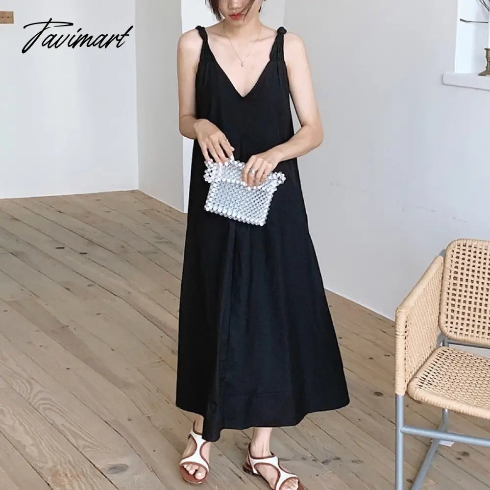 Solid Simple Low V-Neck Summer Dress Women Large Swing Loose Dresses Wide Strap Suspender Women's Long Dress Elegant Party