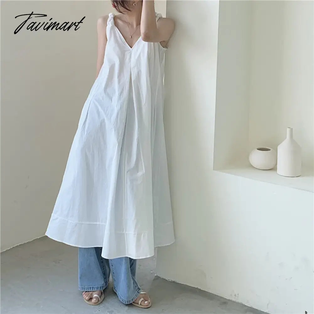 Solid Simple Low V-Neck Summer Dress Women Large Swing Loose Dresses Wide Strap Suspender Women's Long Dress Elegant Party