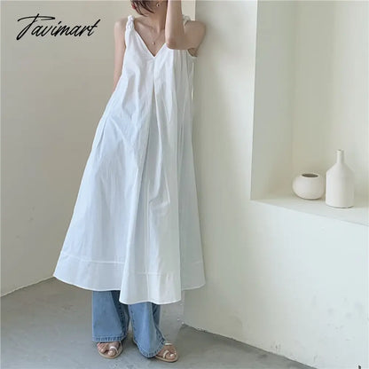 Solid Simple Low V-Neck Summer Dress Women Large Swing Loose Dresses Wide Strap Suspender Women's Long Dress Elegant Party