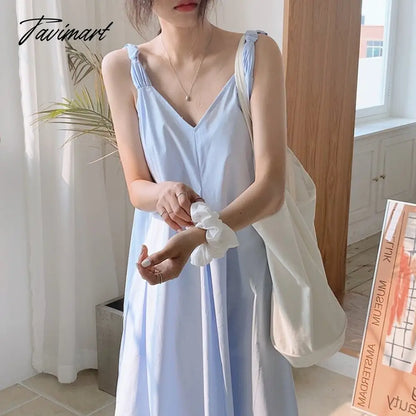 Solid Simple Low V-Neck Summer Dress Women Large Swing Loose Dresses Wide Strap Suspender Women's Long Dress Elegant Party