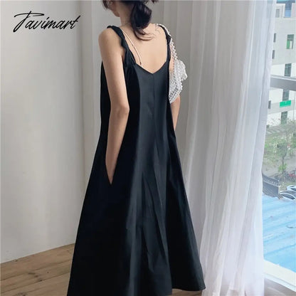 Solid Simple Low V-Neck Summer Dress Women Large Swing Loose Dresses Wide Strap Suspender Women's Long Dress Elegant Party