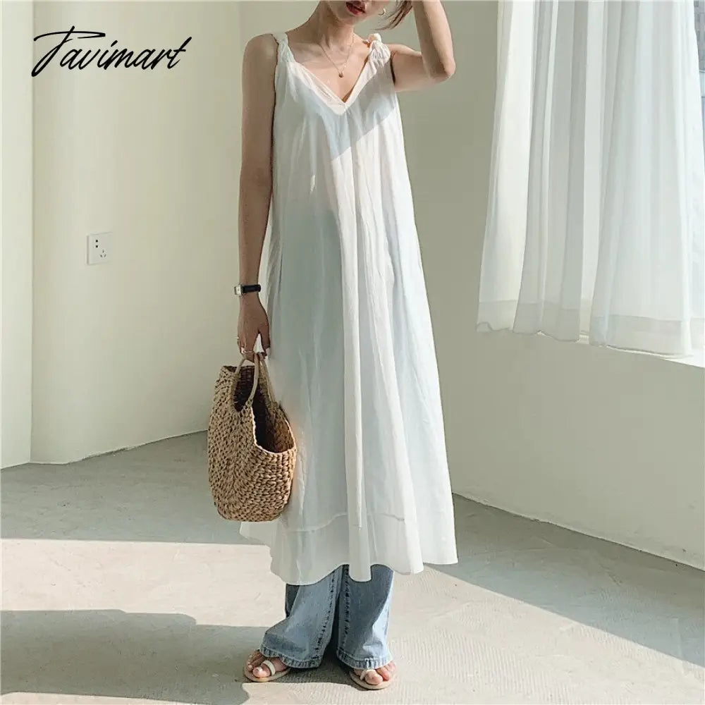 Solid Simple Low V-Neck Summer Dress Women Large Swing Loose Dresses Wide Strap Suspender Women's Long Dress Elegant Party