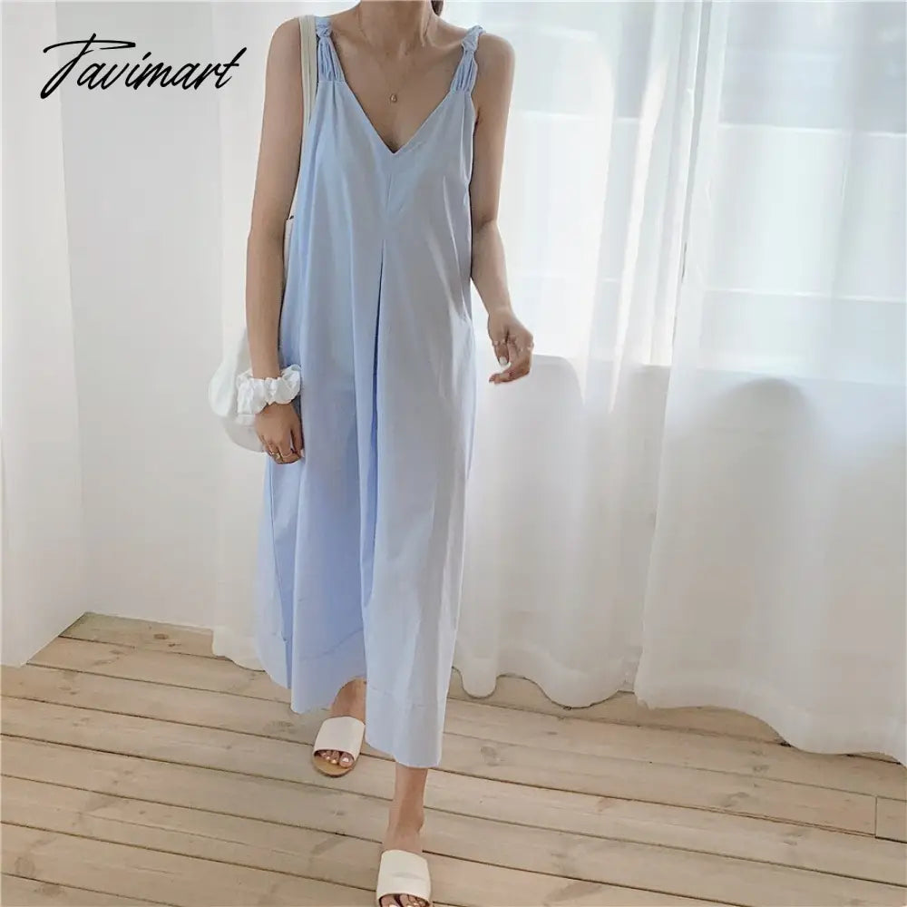 Solid Simple Low V-Neck Summer Dress Women Large Swing Loose Dresses Wide Strap Suspender Women's Long Dress Elegant Party