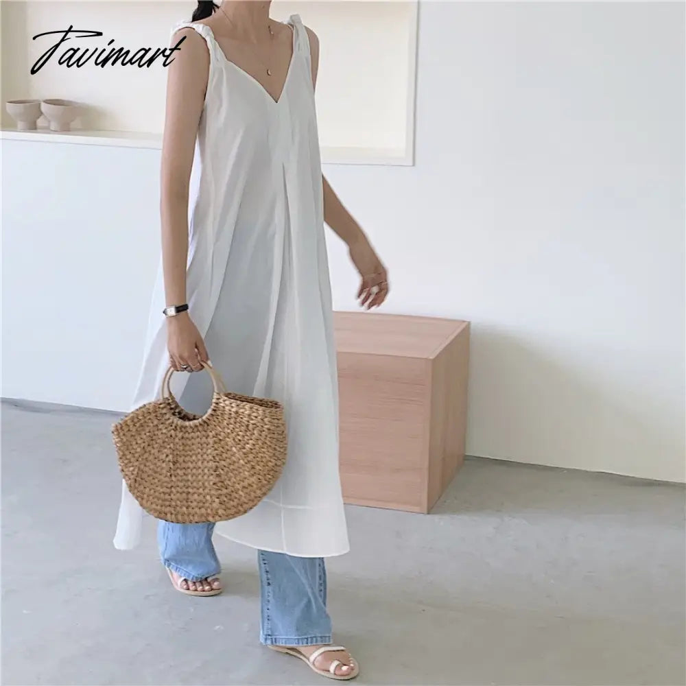 Solid Simple Low V-Neck Summer Dress Women Large Swing Loose Dresses Wide Strap Suspender Women's Long Dress Elegant Party
