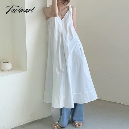Solid Simple Low V-Neck Summer Dress Women Large Swing Loose Dresses Wide Strap Suspender Women's Long Dress Elegant Party