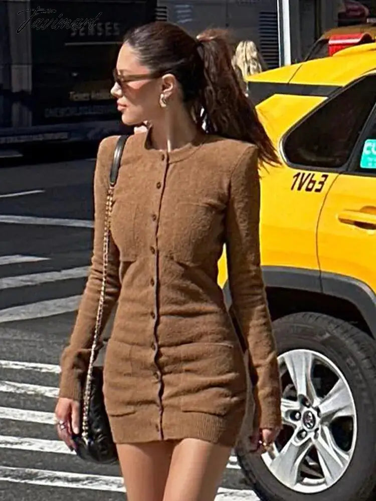 Solid Single Breasted Women Knitted Mini Dress Elegant O-neck Long Sleeve Bodycon Dresses Autumn Office Lady Commuting Robe