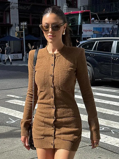 Solid Single Breasted Women Knitted Mini Dress Elegant O-neck Long Sleeve Bodycon Dresses Autumn Office Lady Commuting Robe