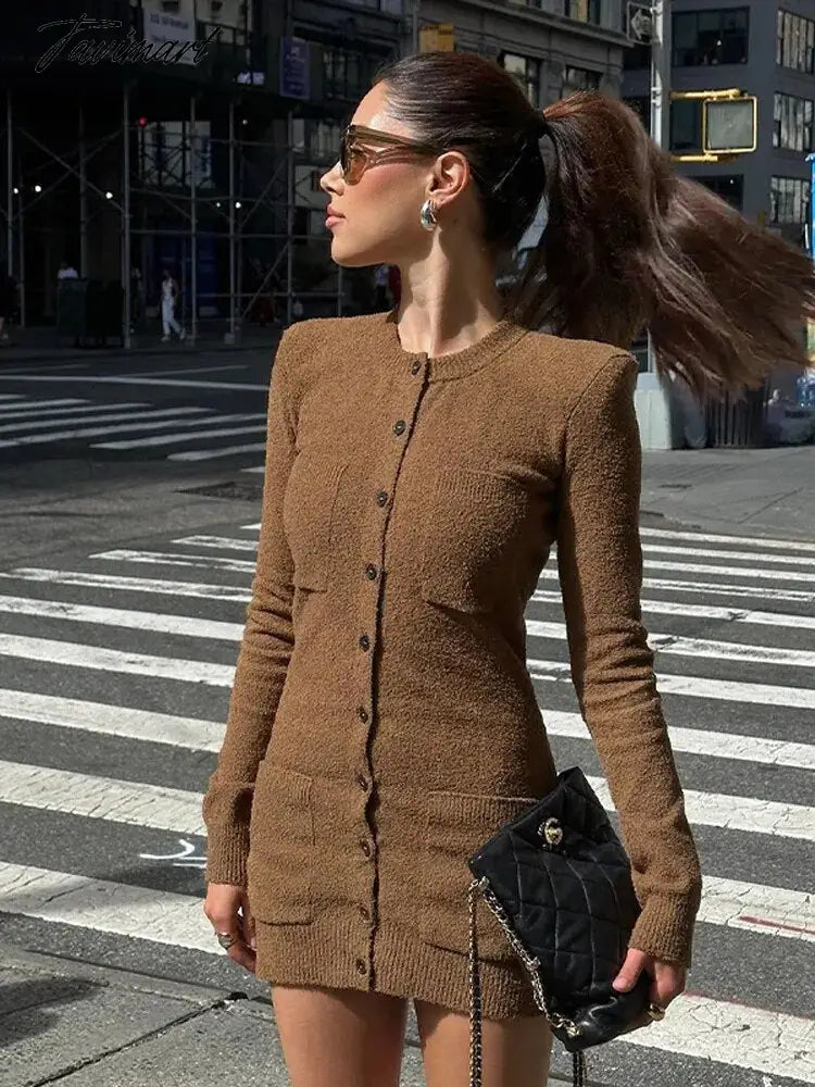 Solid Single Breasted Women Knitted Mini Dress Elegant O-neck Long Sleeve Bodycon Dresses Autumn Office Lady Commuting Robe
