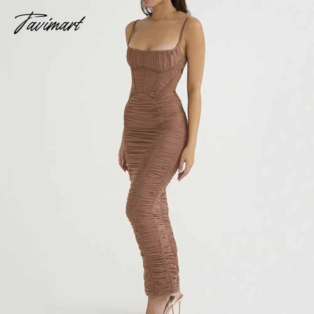 Solid Skinny Ruched Pencil Dresses Women Elegant Sleeveless Bandage Party Club Maxi Dress Outfits Female Clothing Long