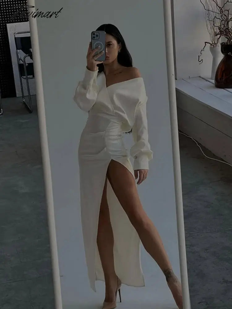 Solid Split Long Dress For Women Clothing Long Sleeve Vestidos Elegantes Para Mujer V-Neck Robe Femme High Waist Autumn Outfits