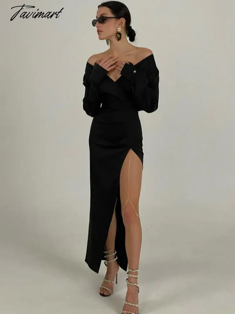 Solid Split Long Dress For Women Clothing Long Sleeve Vestidos Elegantes Para Mujer V-Neck Robe Femme High Waist Autumn Outfits