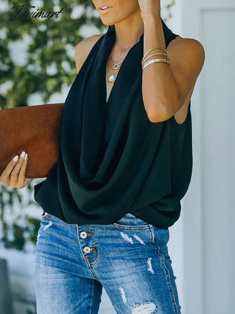 Solid Women Casual Sleeveless Pullovers Shirt Loose Elegant Basic Streetwear Tops Summer Female Sexy Deep V Neck Blouse Blusa