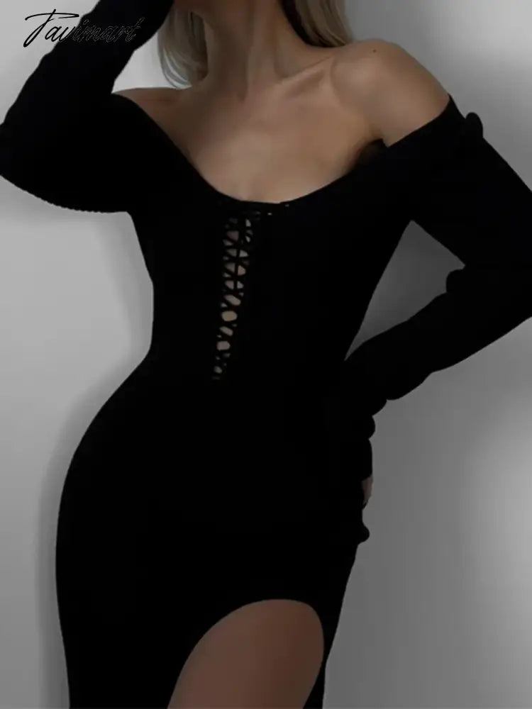 Solid Women Midi Dress Round Neck Cross Lace-up Long Sleeve Split Slim Ladies Vestidos Sexy Streetwear Female Dresses