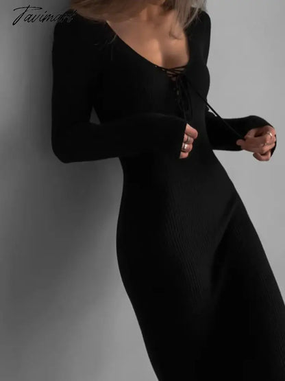 Solid Women Midi Dress Round Neck Cross Lace-up Long Sleeve Split Slim Ladies Vestidos Sexy Streetwear Female Dresses