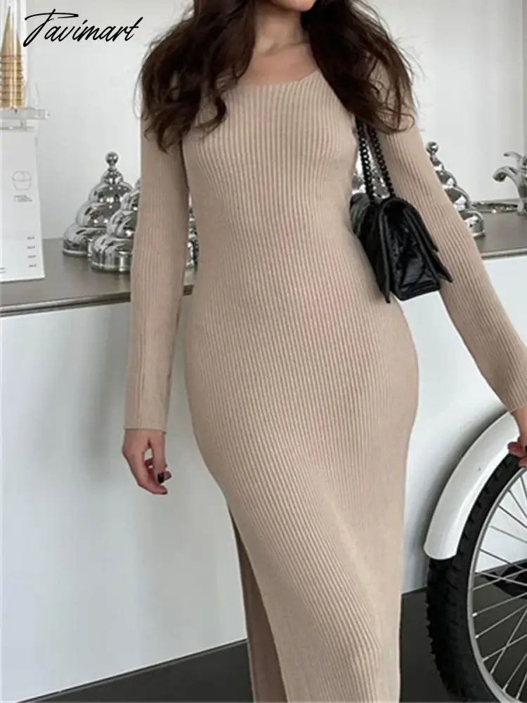 Solid Women Midi Dress Round Neck Cross Lace-up Long Sleeve Split Slim Ladies Vestidos Sexy Streetwear Female Dresses