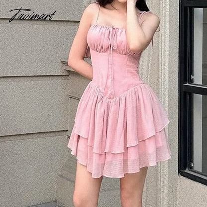 Spaghetti Strap Dress Summer High Waist Thin A-line Sweet Short Dresses for Women Vintage Pink Party Dress Clothing