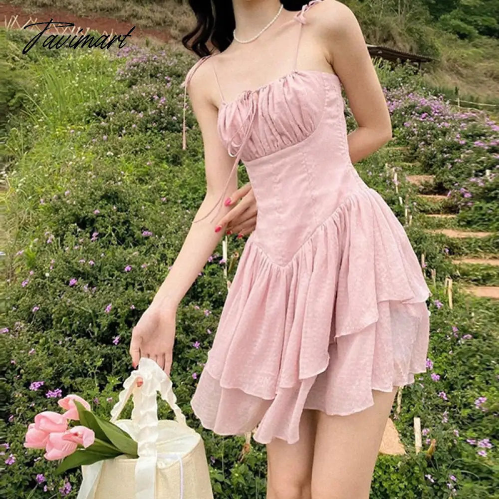 Spaghetti Strap Dress Summer High Waist Thin A-line Sweet Short Dresses for Women Vintage Pink Party Dress Clothing