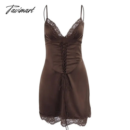 Spaghetti Strap Satin Dress Mini Sleeveless Bodycon Birthday Holiday Party Dresses Brown Lace Dress Summer Women