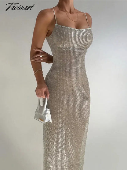 Spaghetti Strap Sparkle Maxi Dress Women Glitter Elegant Split Sleeveless Long Dress Fashion Sexy Party Club Dress