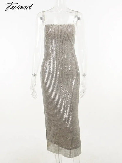Spaghetti Strap Sparkle Maxi Dress Women Glitter Elegant Split Sleeveless Long Dress Fashion Sexy Party Club Dress