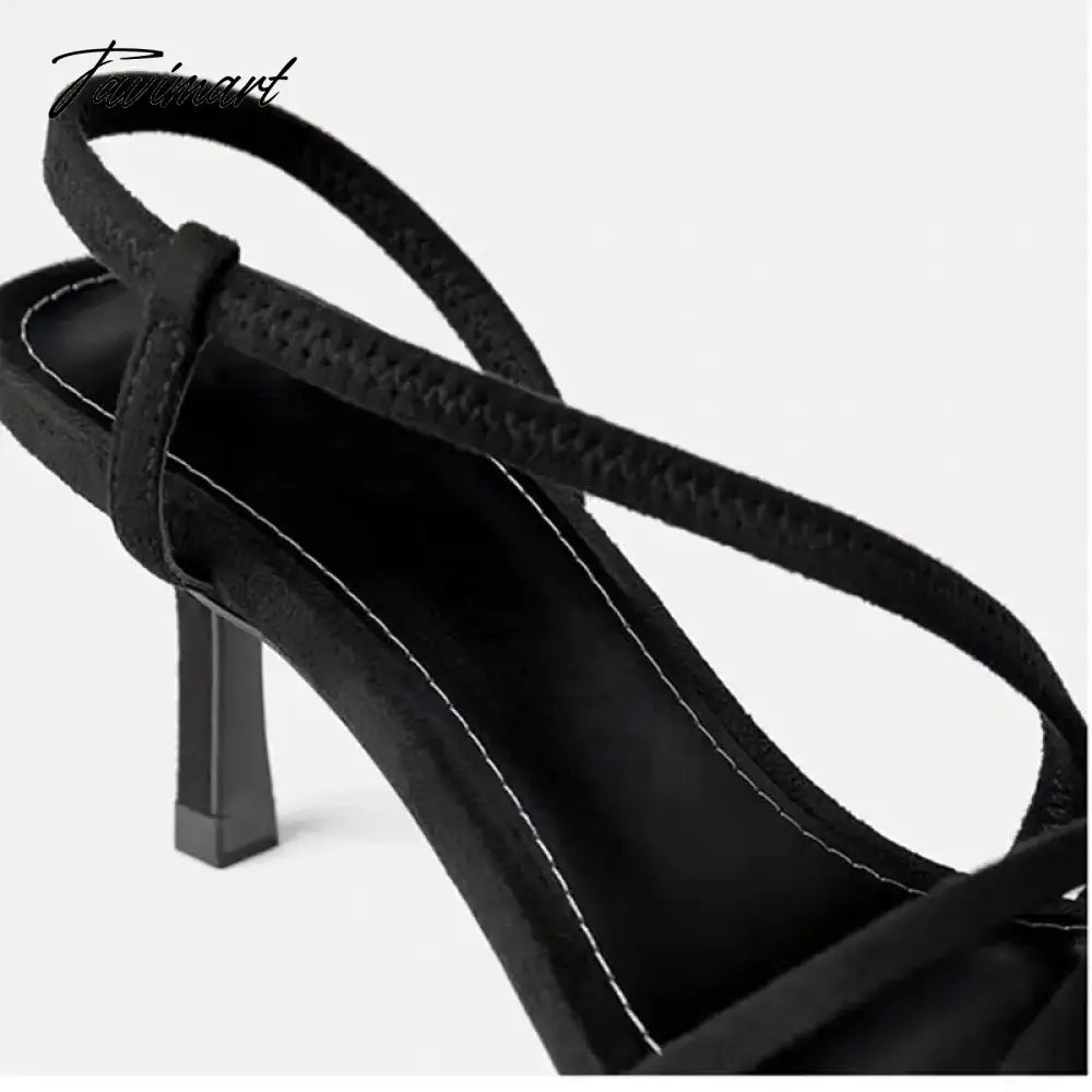Spanish New Women's Shoes Elastic Cloth Slim Heel Women's Shoes Cross Strap Sexy Slim Strap Middle Heel Sandals