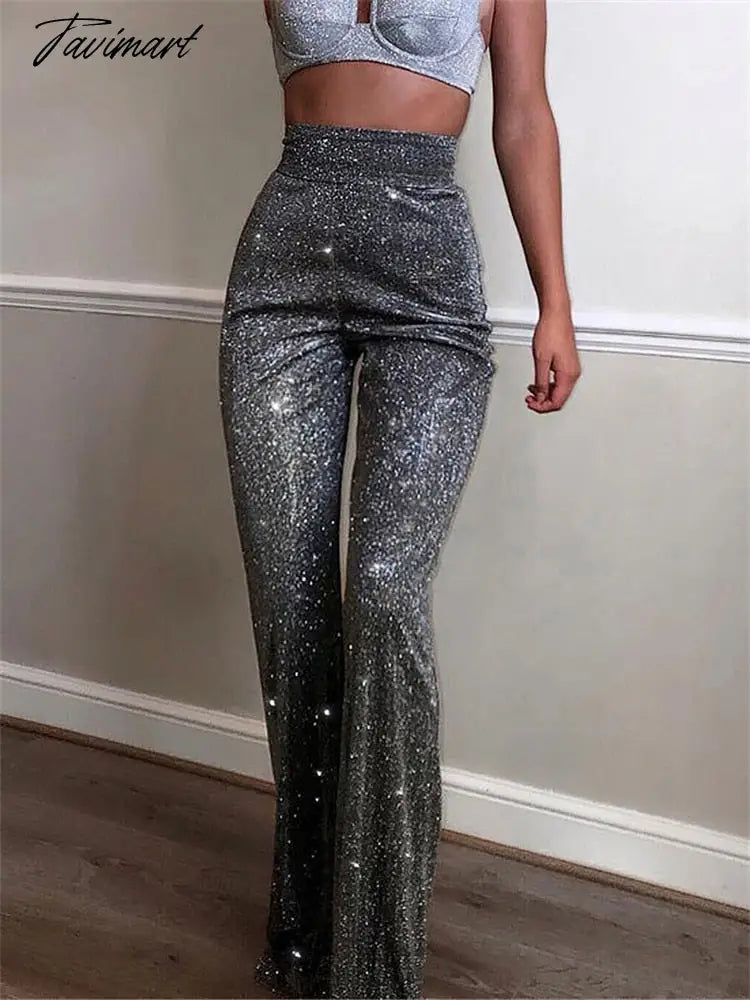 Sparkly Sliver Party Pants For Women Party Night Clubwear Glitter Long Trousers Leggings Female Fashion Wide leg Pants