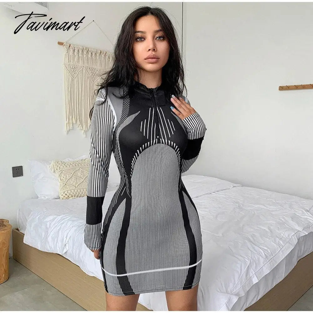 Sporty Stripe Long Sleeve Mini Dress Women Zipper Pullover Bodycon Dresses Female Fashion Casual Basic Slim Dresses