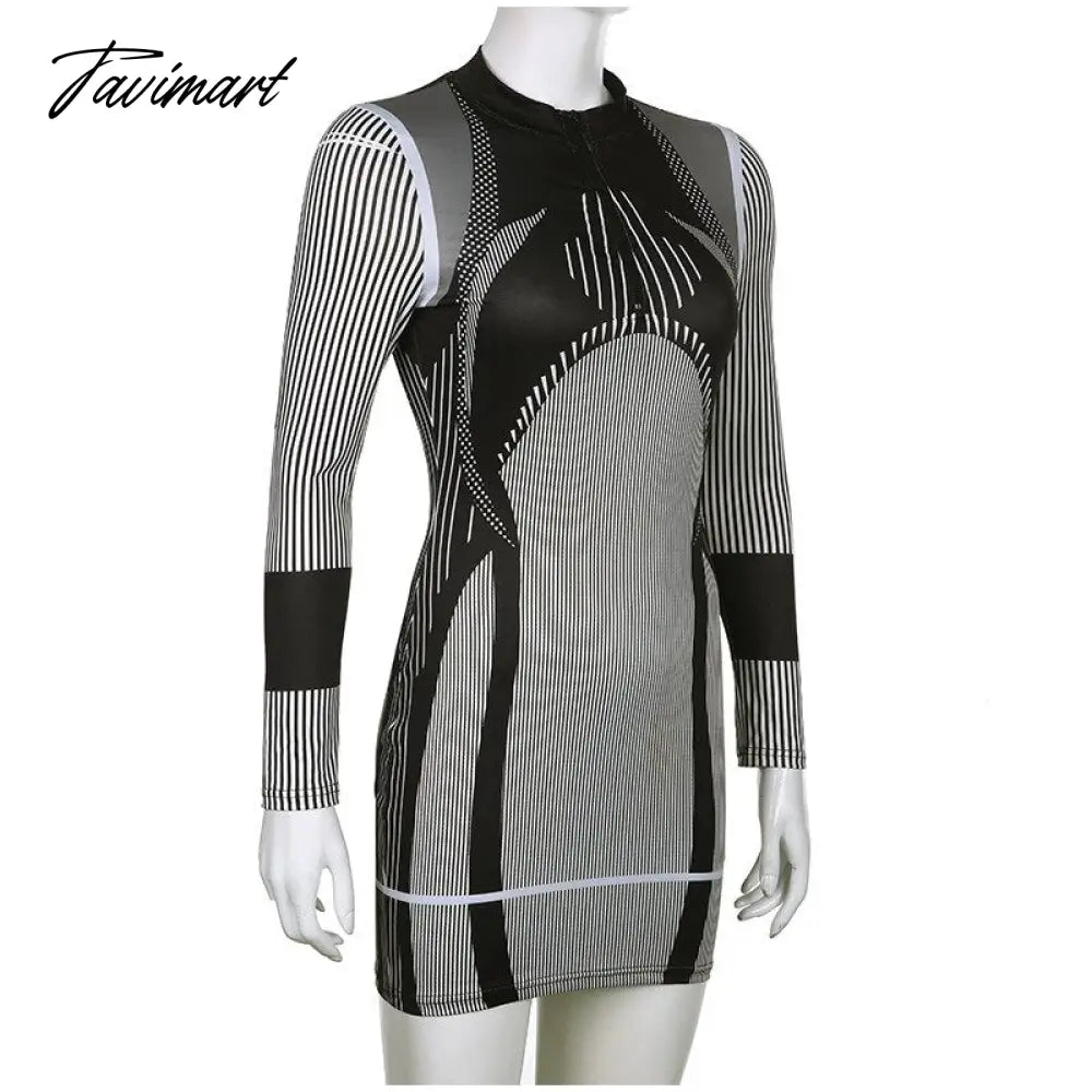Sporty Stripe Long Sleeve Mini Dress Women Zipper Pullover Bodycon Dresses Female Fashion Casual Basic Slim Dresses