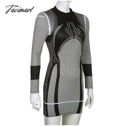 Sporty Stripe Long Sleeve Mini Dress Women Zipper Pullover Bodycon Dresses Female Fashion Casual Basic Slim Dresses
