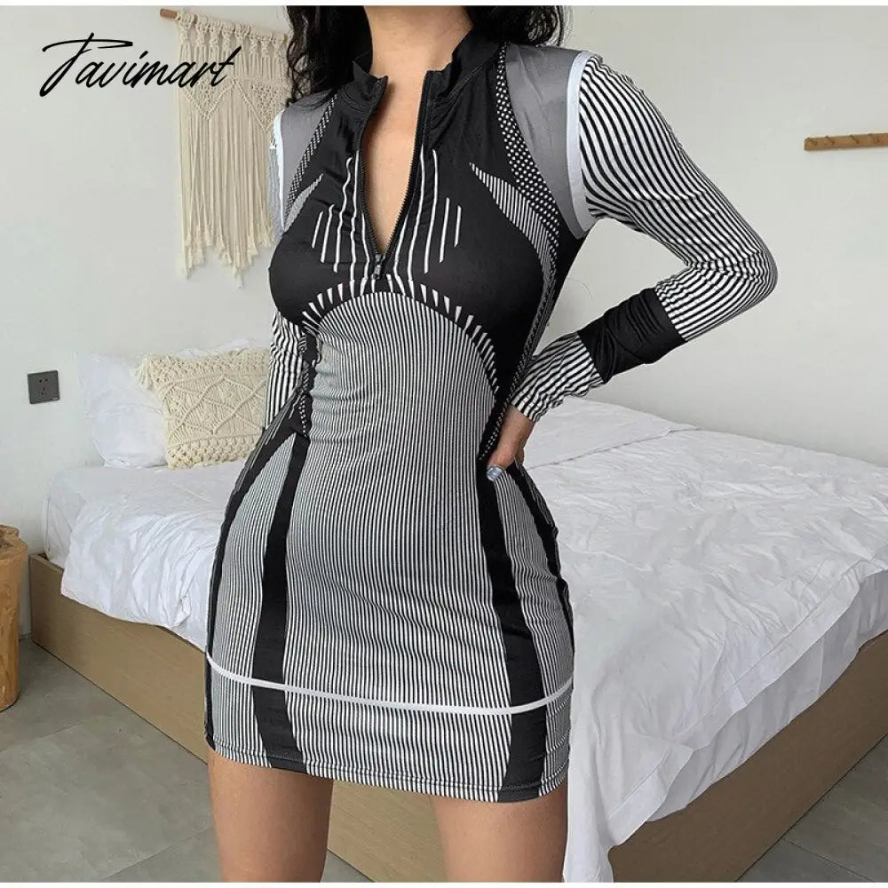 Sporty Stripe Long Sleeve Mini Dress Women Zipper Pullover Bodycon Dresses Female Fashion Casual Basic Slim Dresses