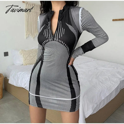 Sporty Stripe Long Sleeve Mini Dress Women Zipper Pullover Bodycon Dresses Female Fashion Casual Basic Slim Dresses