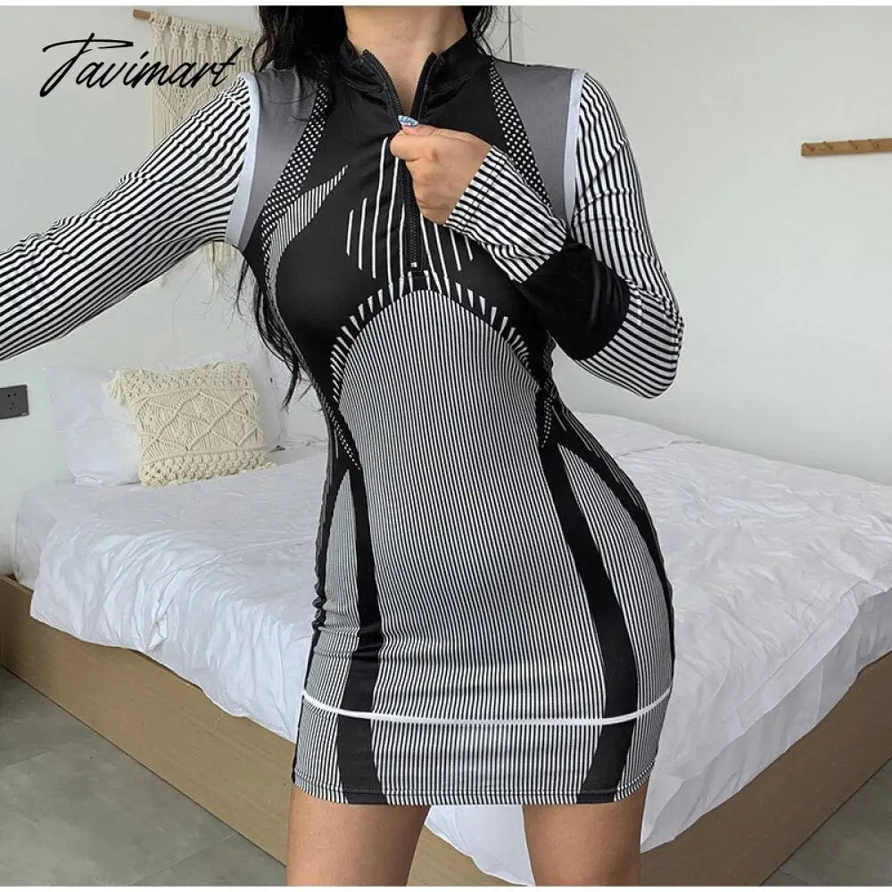 Sporty Stripe Long Sleeve Mini Dress Women Zipper Pullover Bodycon Dresses Female Fashion Casual Basic Slim Dresses