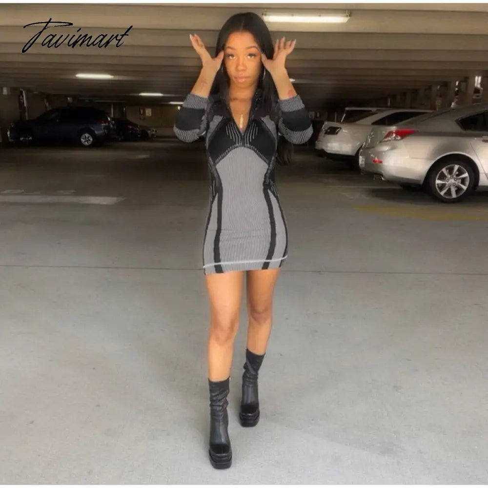 Sporty Stripe Long Sleeve Mini Dress Women Zipper Pullover Bodycon Dresses Female Fashion Casual Basic Slim Dresses