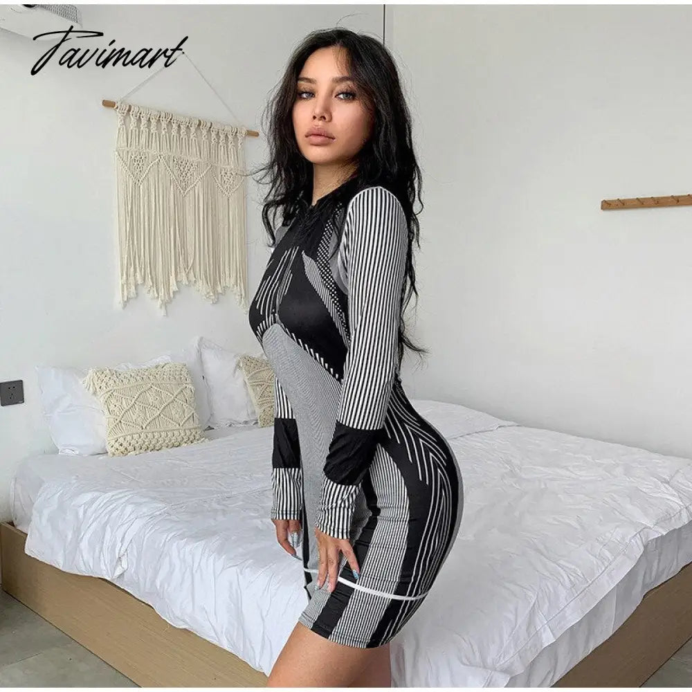Sporty Stripe Long Sleeve Mini Dress Women Zipper Pullover Bodycon Dresses Female Fashion Casual Basic Slim Dresses