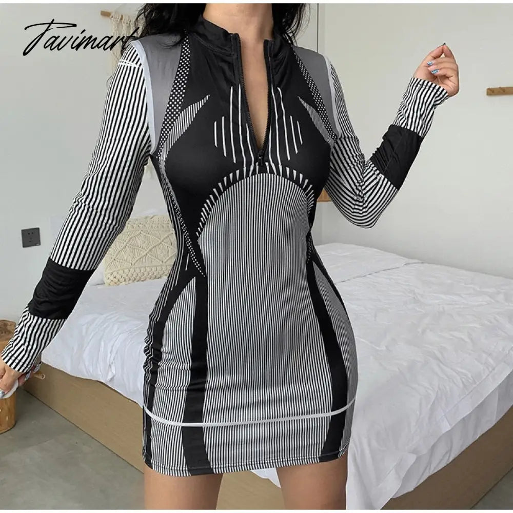 Sporty Stripe Long Sleeve Mini Dress Women Zipper Pullover Bodycon Dresses Female Fashion Casual Basic Slim Dresses