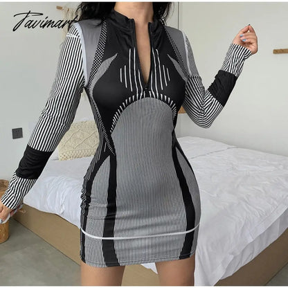 Sporty Stripe Long Sleeve Mini Dress Women Zipper Pullover Bodycon Dresses Female Fashion Casual Basic Slim Dresses