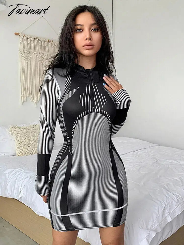 Sporty Stripe Long Sleeve Mini Dress Women Zipper Pullover Bodycon Dresses Female Fashion Casual Basic Slim Dresses