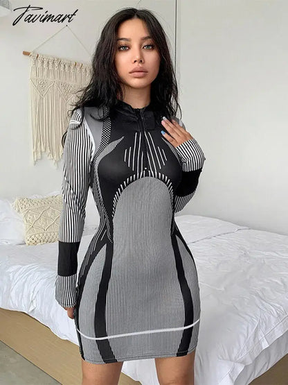 Sporty Stripe Long Sleeve Mini Dress Women Zipper Pullover Bodycon Dresses Female Fashion Casual Basic Slim Dresses